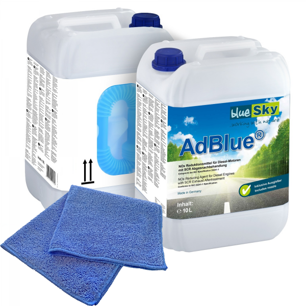 2x blueSky Harnstofflösung AdBlue® inkl. Ausgießer 10 L + Microfasertuch blau 30 x 30 cm