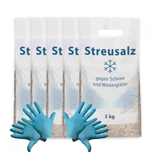 5x Streusalz/Auftausalz grobkörnig 5 kg + 2 paar Einweg Nitril-Handschuhe