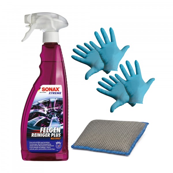 SONAX XTREME FelgenReiniger PLUS 750 ml + FelgenSchwamm + Einweg Nitril Handschuhe XL (4 Stück)