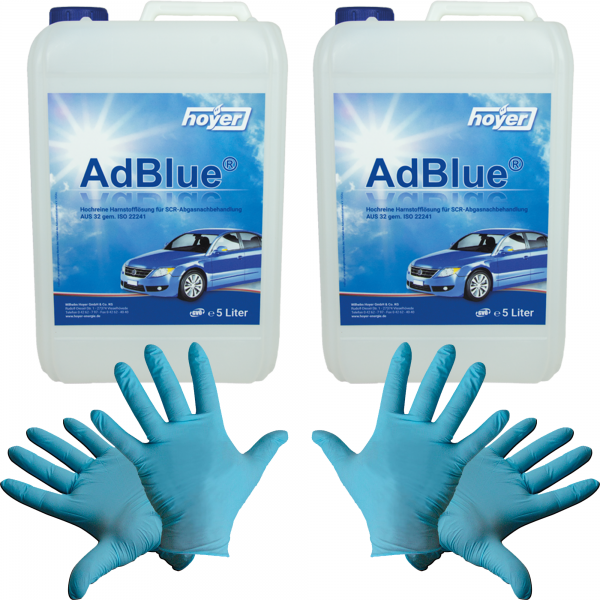 2x Hoyer Harnstofflösung AdBlue® inkl. Ausgießer 10 L + 2 paar Einweg Nitril-Handschuhe