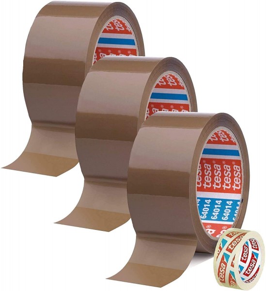 tesa Packband 64014 PP braun 50 mm x 66 m (3 Stück) + tesa Klebeband transparent 15 mm x 10 m